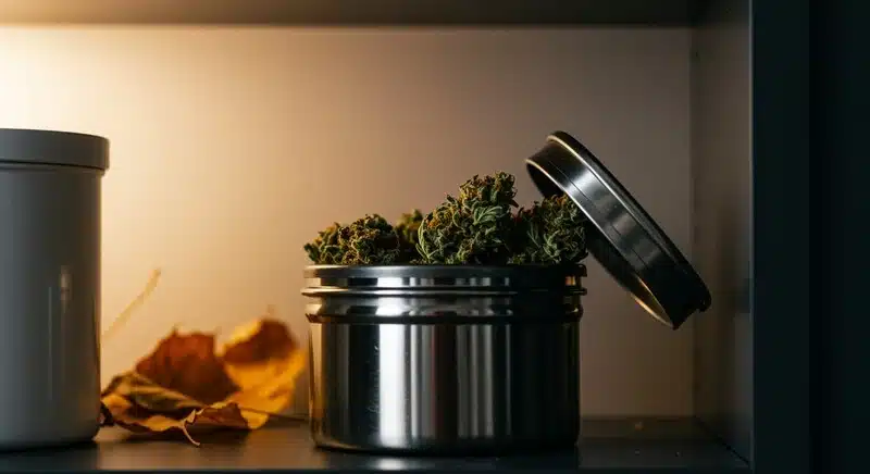 Cogollos de cannabis guardados en recipiente hermético utilizados en estudios sobre degradación del THC y pérdida de cannabinoides durante el almacenamiento prolongado.