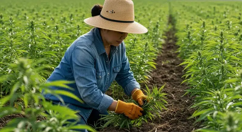 Agricultora cuidando plantas de Critical Jack Auto en cultivo exterior, realizando mantenimiento y control del crecimiento en hileras.