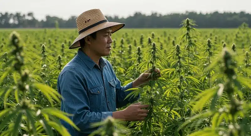 Agricultor inspeccionando plantas de Critical Jack en cultivo exterior, evaluando desarrollo y estado de los cogollos en campo abierto.