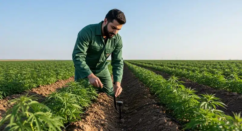 Agricultor ajustando sistema de riego por goteo en cultivo de Critical Mass Auto, optimizando hidratación de plantas en campo exterior.