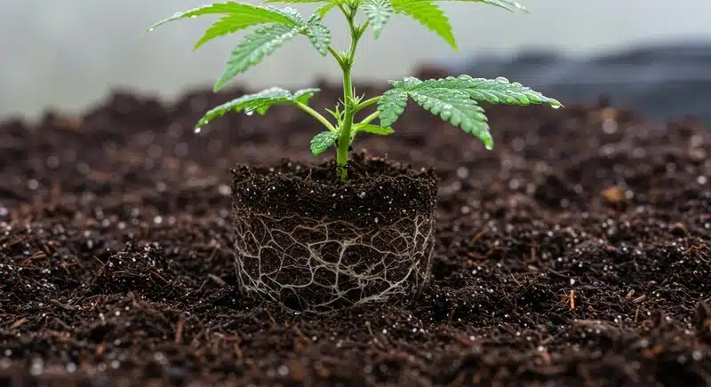 Planta de cannabis Critical Purple Auto creciendo en sustrato rico y aireado durante la fase vegetativa en cultivo protegido.