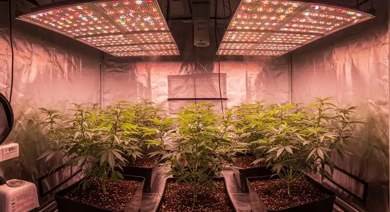 Plantas de cannabis Critical Purple Kush creciendo en interior con paneles LED de espectro completo para optimizar el desarrollo vegetativo y la producción.