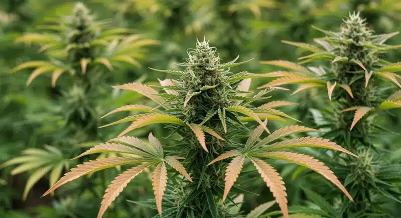 Cultivo de cannabis Critical Purple Kush x Bruce Banner Regular en fase de floración avanzada con cogollos densos y hojas decoloradas por maduración natural.