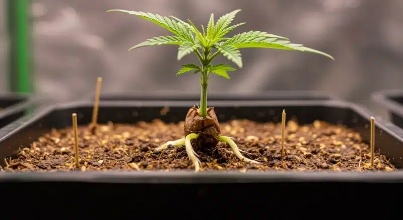 Plántula de cannabis Critical Purple Regular en fase temprana de germinación con raíces visibles y crecimiento saludable en sustrato aireado bajo cultivo interior.