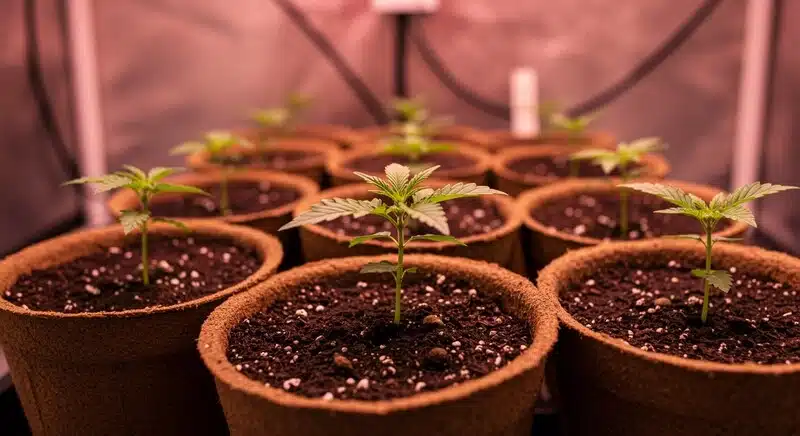 Plántulas de cannabis Critical x Cheese Candy Regular creciendo en macetas biodegradables bajo iluminación y desarrollo uniforme.