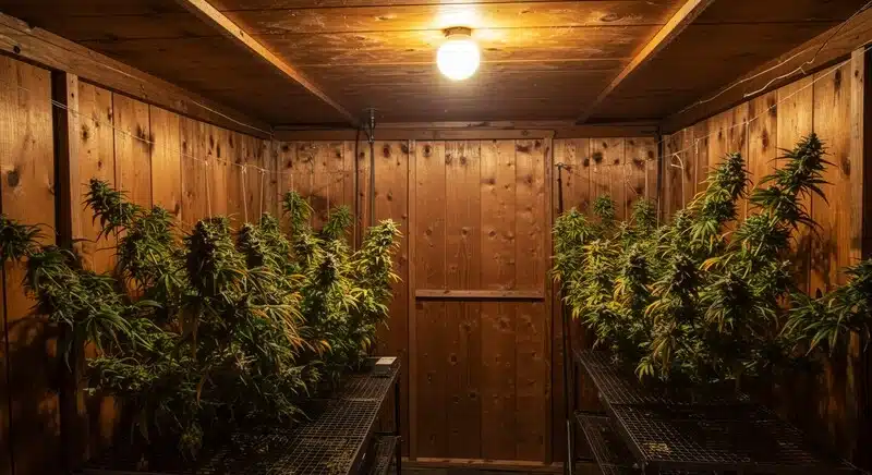 Cultivo interior de Critical x No Name Auto en sala de secado de madera con plantas de cannabis autofloreciente en floración avanzada.