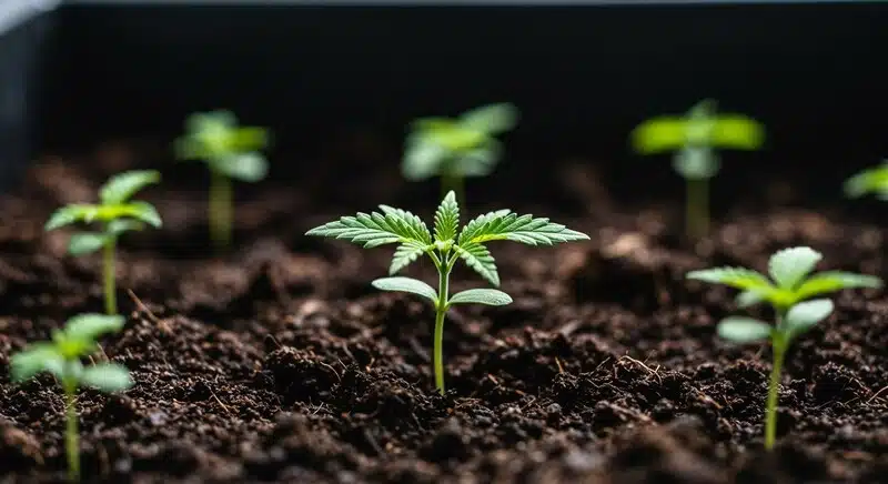 Jóvenes plantas de Crystal Candy Auto desarrollándose en tierra aireada con buena retención de humedad, crecimiento uniforme y hojas verdes saludables en fase temprana.