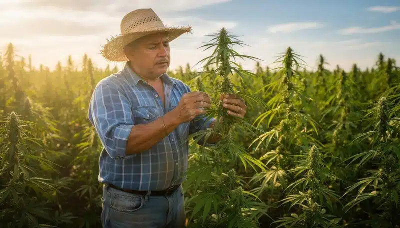 Cultivador inspeccionando plantas de cannabis en exterior. El uso del Brix permite tomar decisiones precisas para mejorar calidad, resistencia y producción.