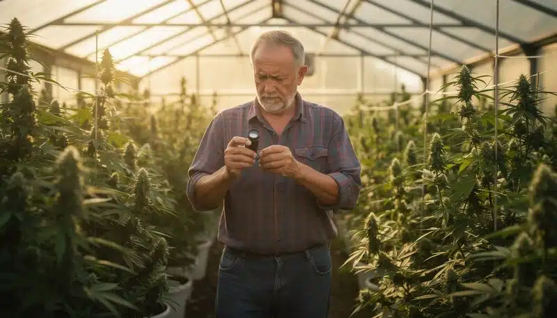 Cultivador evaluando plantas de cannabis en invernadero con refractómetro. Las lecturas de Brix ayudan a identificar ejemplares con mayor eficiencia metabólica para programas de breeding.