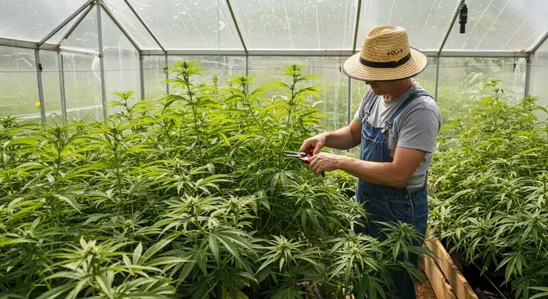 Cultivo de Dark Star Fast Version en invernadero con labores de mantenimiento y poda para mejorar la ventilación, la penetración de luz y el desarrollo uniforme de las plantas de cannabis.