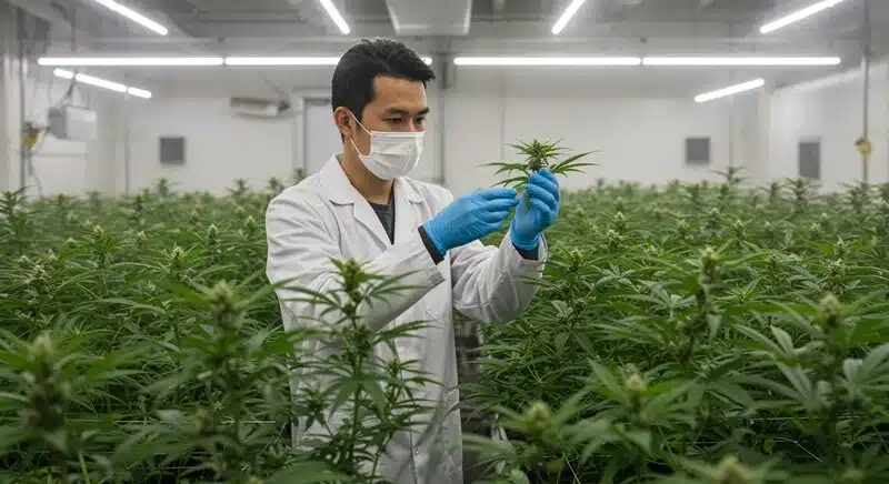 Cultivador profesional usando refractómetro en plantas de cannabis.