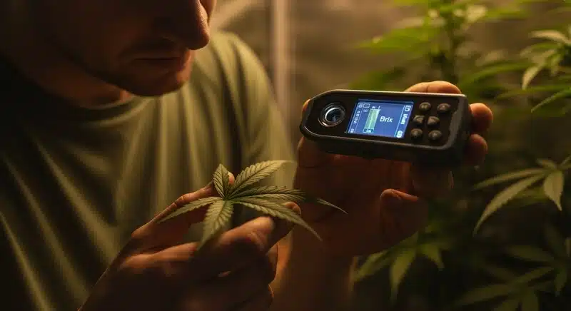 Análisis de niveles Brix en cultivo interior de cannabis con refractómetro portátil para optimizar nutrición, fotosíntesis y calidad de flores y terpenos.