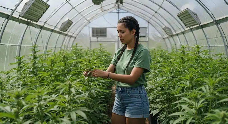 Cultivo de Fire Kush Auto en invernadero con manejo manual de las plantas para mejorar su crecimiento, ventilación y desarrollo uniforme en un entorno protegido.