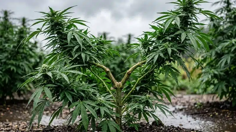 Cannabis cultivado en exterior expuesto a clima y luz solar natural, factores que influyen directamente en los niveles de Brix, terpenos y vigor de la planta.