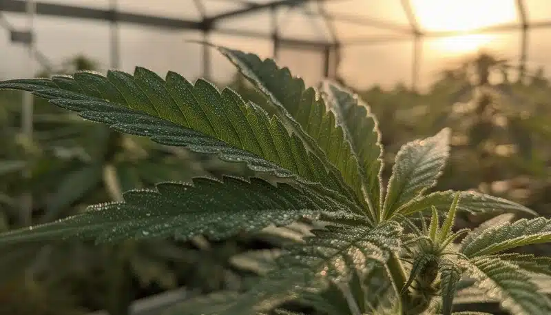 Hoja de cannabis con alto Brix en cultivo profesional optimizado.
