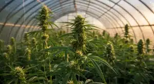 Cultivo de Dama Blanca en invernadero con plantas de cannabis en plena etapa de floración.