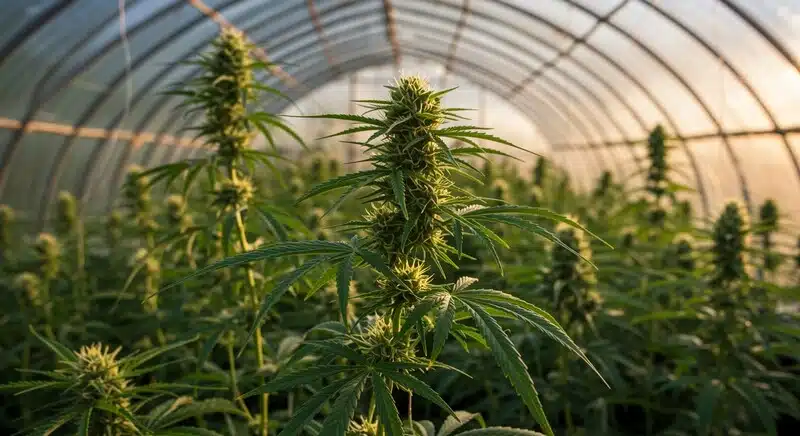 Cultivo de Dama Blanca en invernadero con plantas de cannabis en plena etapa de floración.