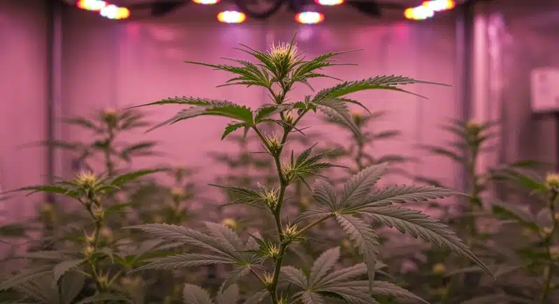 Planta de Dark Star Fast Version cultivada bajo luces LED durante la fase inicial de floración en interior.