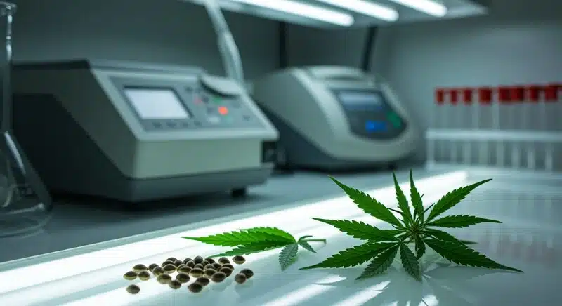 Semillas y hojas de cannabis junto a equipos de laboratorio utilizados para estudiar cómo se degradan los cannabinoides con el tiempo y la exposición ambiental.