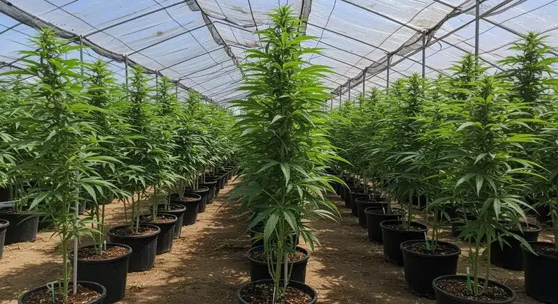 Plantas de Devil XXL Autoflower creciendo en invernadero bajo condiciones controladas, estructura robusta, gran altura y desarrollo uniforme en macetas individuales.