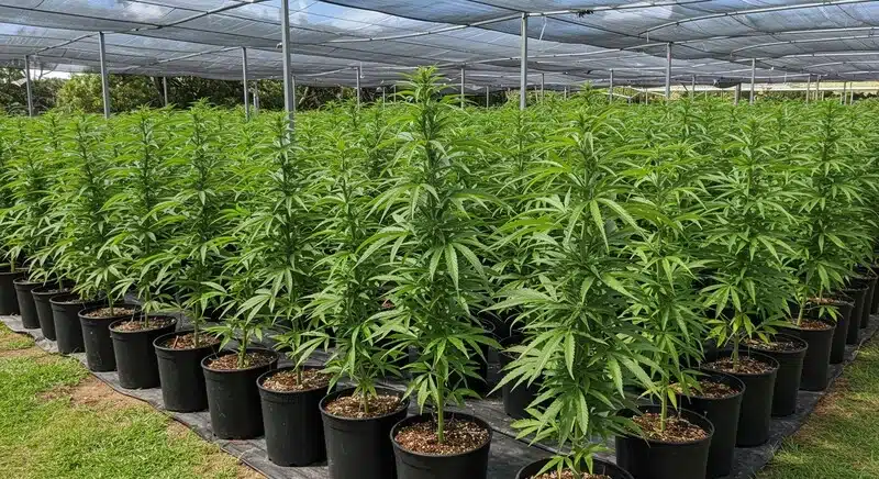 Plantas de Diesel Regular creciendo en macetas dentro de un invernadero con malla de sombreo, estructura uniforme y desarrollo saludable en cultivo profesional de cannabis.