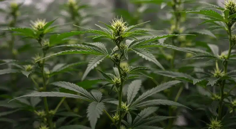 Planta de Early Skunk en floración mostrando cogollos jóvenes y hojas verdes en cultivo interior.