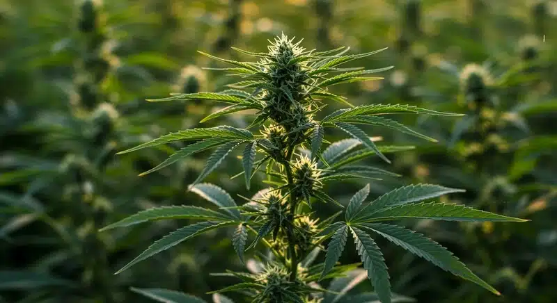 Cultivo exterior de Early Skunk x Northern Lights, planta con cogollos compactos y abundantes pistilos, iluminada por luz natural al atardecer.