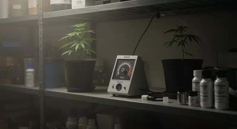 Equipos y herramientas utilizadas junto al refractómetro en cultivos de cannabis para controlar nutrientes, salud vegetal y niveles de Brix durante el crecimiento.