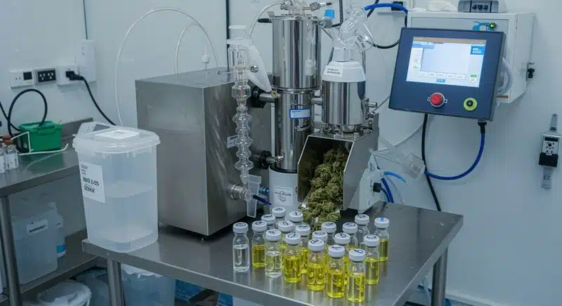Equipo de extracción de cannabis procesando flores de Critical x AK47 Auto para obtener aceite rico en cannabinoides en entorno de laboratorio controlado.