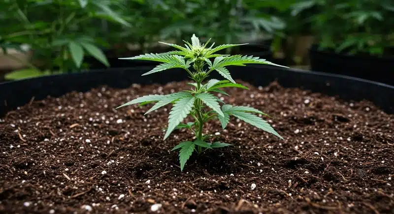 Planta joven de Fire Kush Auto creciendo en maceta con sustrato orgánico durante la floración temprana.