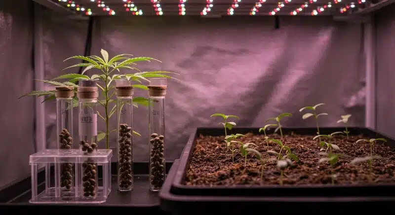 Semillas de cannabis verificadas genéticamente en cultivo interior.