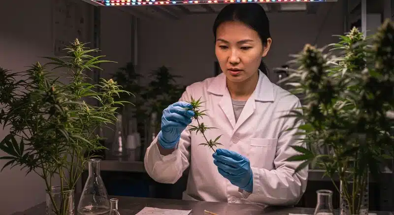 Investigadora examinando muestras de cannabis en laboratorio para realizar certificación genética de variedades y validar perfiles cannabinoides y rasgos hereditarios.