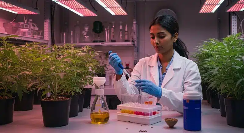 Investigadora realizando pruebas genéticas en plantas de cannabis para desarrollar genéticas premium con perfiles cannabinoides consistentes y alta calidad comercial.