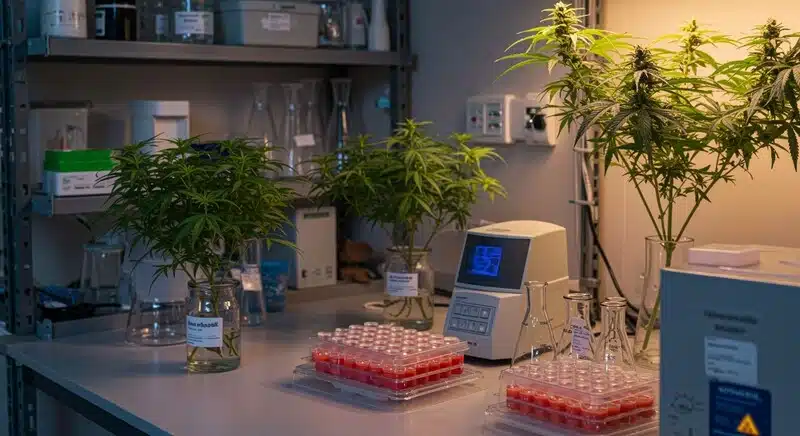 Cultivos y muestras de cannabis en laboratorio especializado en genotipado, utilizado para estudiar ADN, selección genética y diferenciación de cepas comerciales.