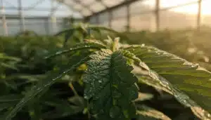 Hoja de cannabis sana con alta eficiencia genética y Brix elevado.