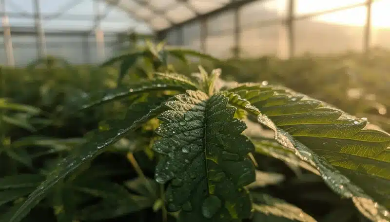 Hoja de cannabis sana con alta eficiencia genética y Brix elevado.