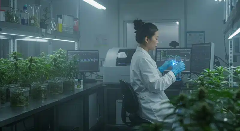 nvestigadora analizando muestras de cannabis en laboratorio para estudiar la huella genética, autenticidad varietal y perfiles moleculares de diferentes genéticas.