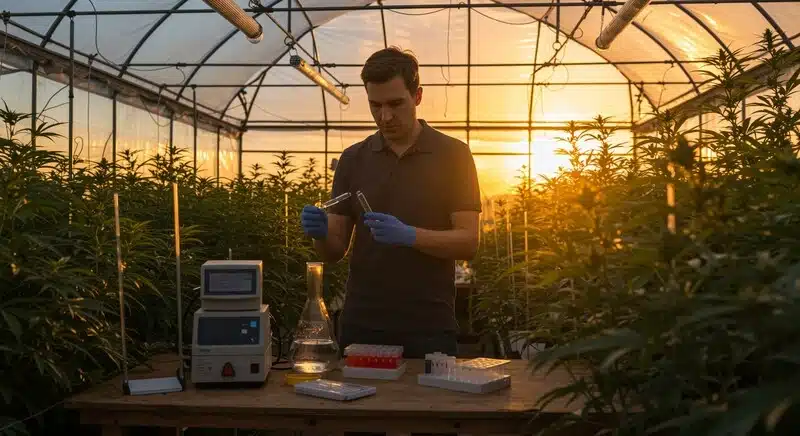 Cultivador realizando análisis genético de cannabis en invernadero para comparar identificación molecular y evaluación morfológica en programas de selección de cepas.
