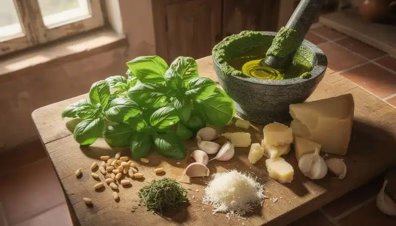 Ingredientes frescos para preparar pesto de cannabis: albahaca, ajo, queso curado, piñones y aceite de oliva. Base clásica adaptada a cocina cannábica.