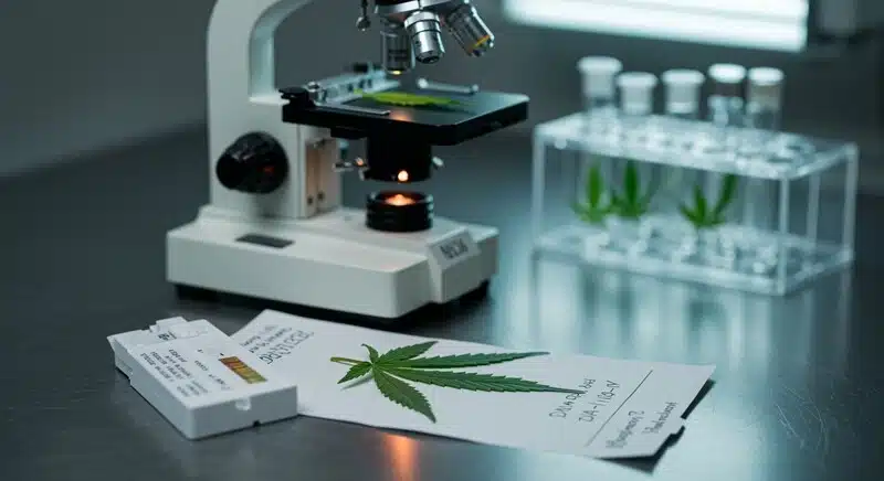Equipo de laboratorio con microscopio y muestras de cannabis empleado para interpretar resultados de pruebas de ADN, identificación genética y trazabilidad varietal.