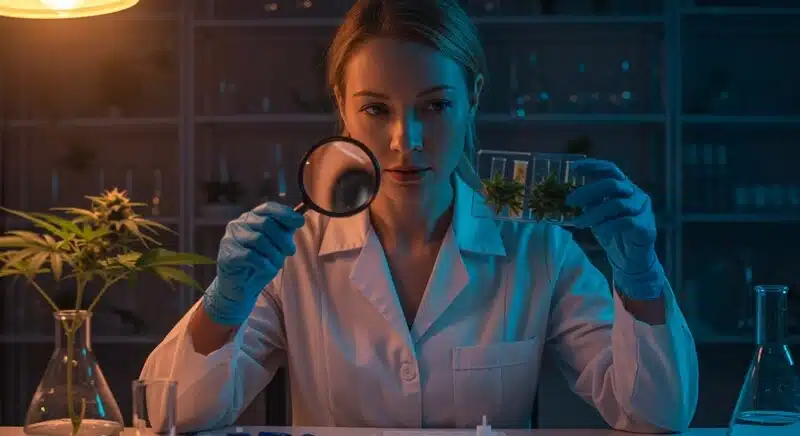 Investigadora examinando muestras de cannabis en laboratorio para aplicar marcadores moleculares en la selección de semillas con perfiles cannabinoides y rasgos genéticos consistentes.