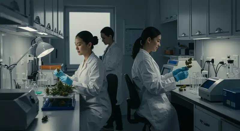 Equipo científico realizando pruebas genéticas y análisis de cannabis para verificar si los nombres comerciales de las variedades coinciden con su perfil genético real.