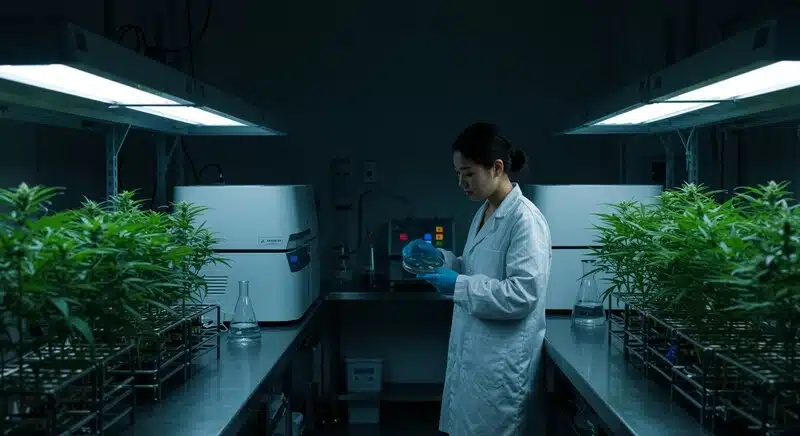Científica analizando plantas de cannabis mediante marcadores moleculares para diferenciar genéticas, verificar estabilidad varietal y estudiar perfiles de cannabinoides y terpenos.