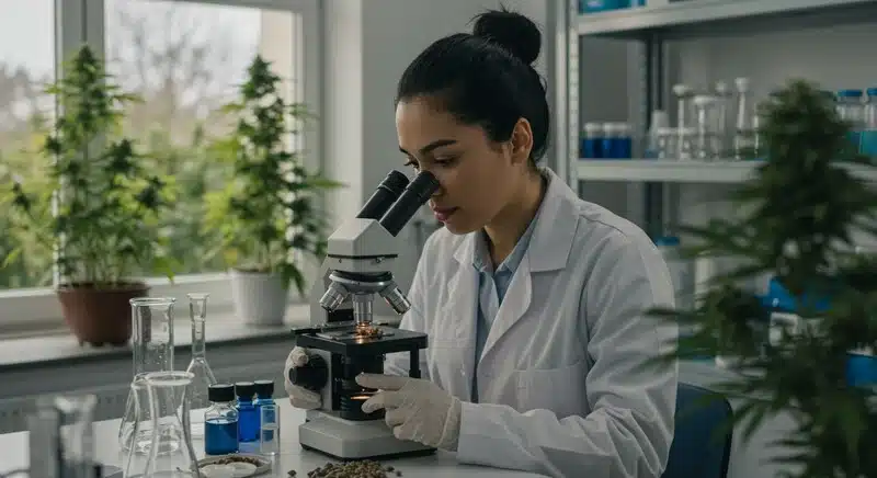 Científica analizando muestras de cannabis con microscopio en laboratorio especializado en verificación genética, estabilidad de cepas y autenticación varietal.