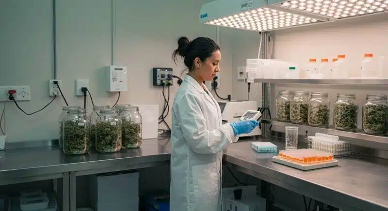 Técnica de laboratorio realizando controles de calidad en muestras de cannabis conservadas en frascos de vidrio. 