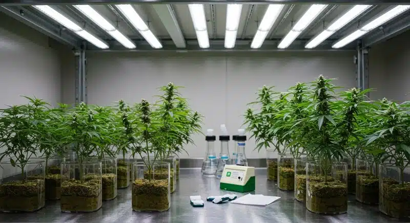 Cultivo de cannabis en laboratorio utilizado para estudiar marcadores genéticos comunes en variedades comerciales y mejorar la estabilidad genética de las cepas.