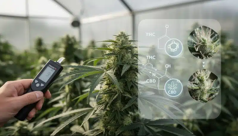 Medición de Brix en una planta de cannabis en floración con referencia a cannabinoides. Aunque el Brix no mide THC o CBD directamente, se utiliza como indicador del estado metabólico que influye en su producción.