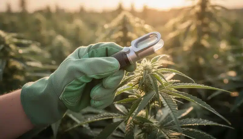 Uso de refractómetro en planta de cannabis en floración dentro de cultivo comercial. Controlar el Brix permite ajustar riego, nutrición y clima para maximizar calidad y producción.