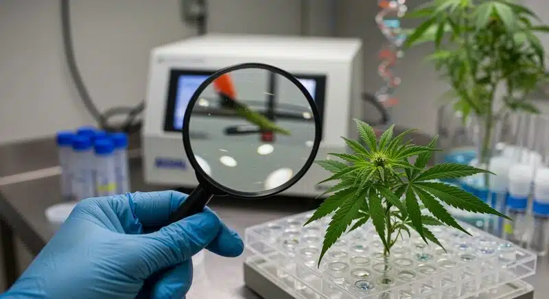 Planta de cannabis analizada con herramientas de laboratorio para autenticar variedades mediante pruebas genéticas, identificación molecular y control de calidad varietal.