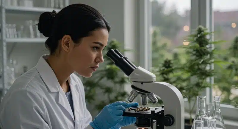 Investigadora analizando semillas y material vegetal de cannabis con microscopio para obtener muestras destinadas a pruebas genéticas y verificación de variedades.